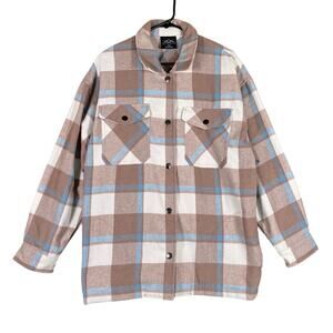 HFX Womens Jacket Beige Blue Plaid Snap Button Closure Relaxed Fit Thermal M